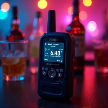 Alkomat policyjny na tle drinków – symbol dokładnego wirtualnego alkomatu online