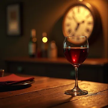 Kieliszek wina na stole z zegarem w tle symbolizującym czas metabolizmu alkoholu