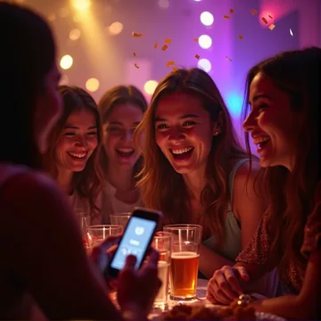 Grupa znajomych bawiąca się na imprezie, jedna osoba sprawdza wynik alkomatu online w telefonie