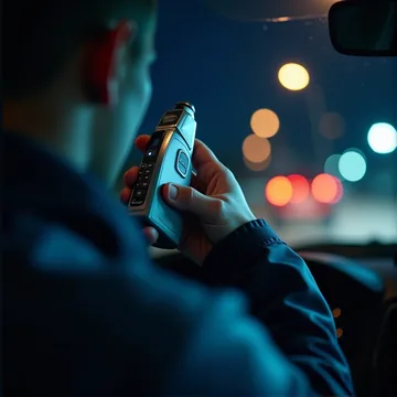 Policyjny alkomat trzymany przy ustach kierowcy, w tle rozmyte światła drogi nocą