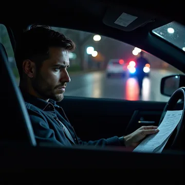 Driver looking at a document after a DUI stop, planning their next steps