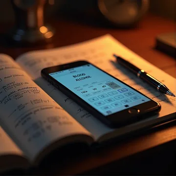 Ekran smartfona z uruchomionym kalkulatorem promili obok notatnika z formułami matematycznymi