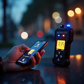 Ręka trzymająca smartfon z aplikacją alkomatu obok policyjnego urządzenia do badania trzeźwości