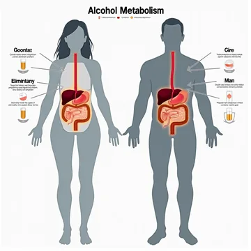 Schemat porównujący metabolizm alkoholu u kobiety i mężczyzny o różnej masie ciała